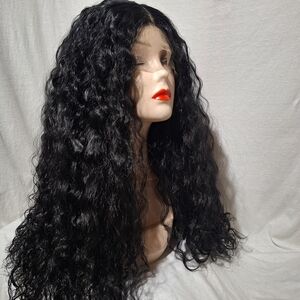 Black Curly Human Hair Blend Lace Front Wig. 26 Inches Long